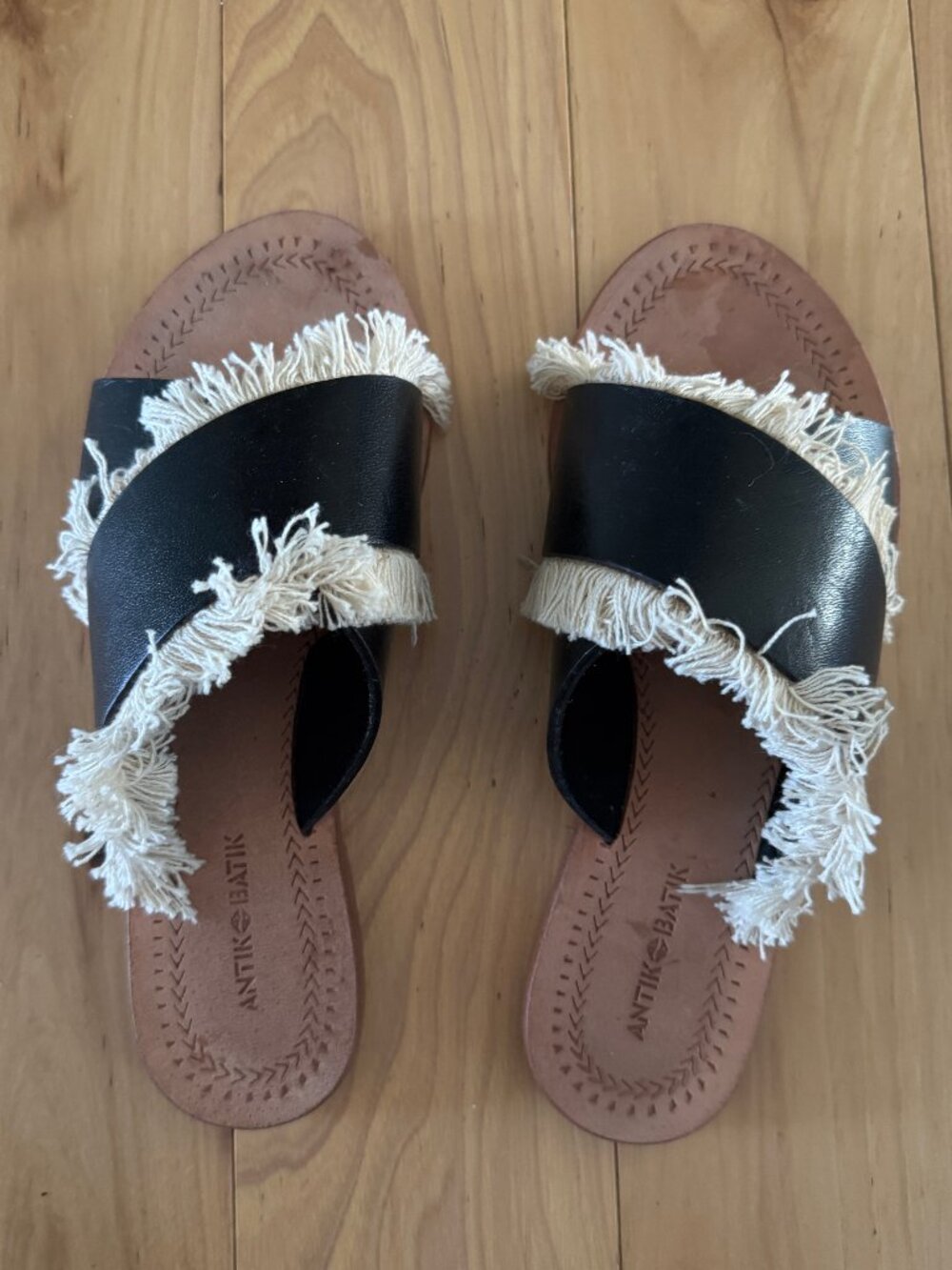 Antik Batik Black Leather Slides Fringe Alba Sandal 38 8 - Picture 3 of 6